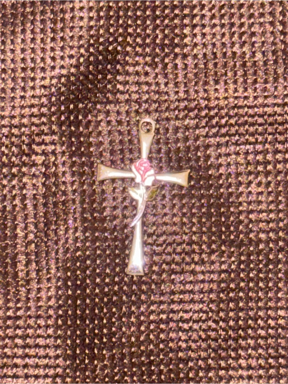 Sterling Silver Cross Pendant with Pink Rose